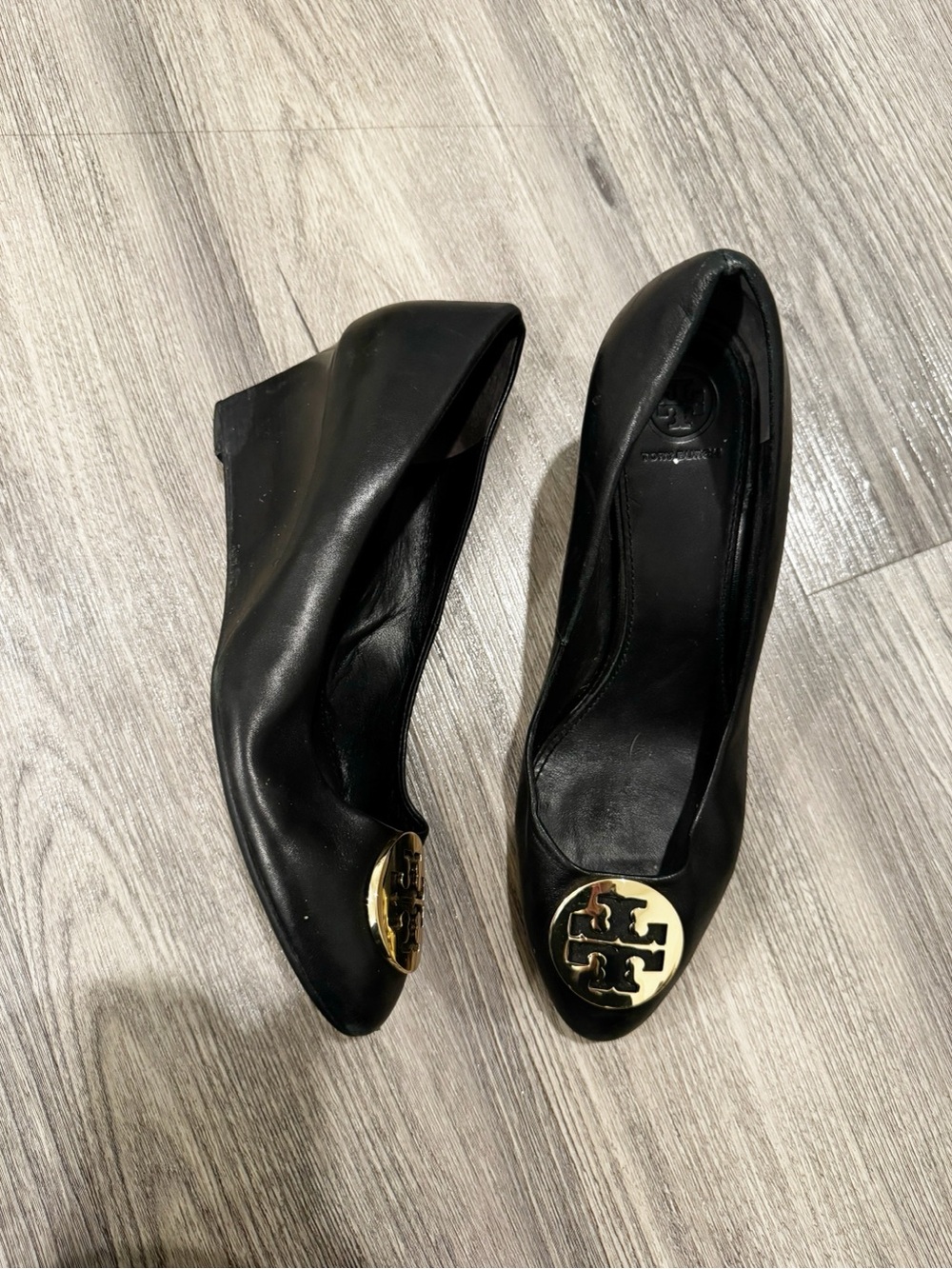 Tory Burch Black Sally Leather Wedge Gold Logo Size 10.5 (10 1/2)